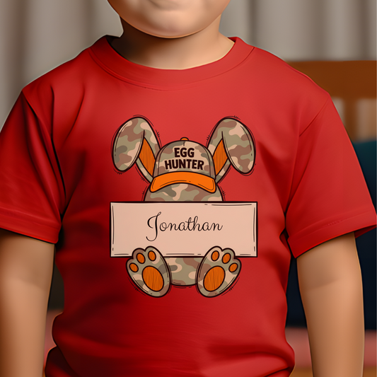 Personalized Easter Kids T-Shirt, Egg Hunter Bunny Shirt, Custom Name Toddler Tee, Easter Gift, Camouflage Bunny Ears