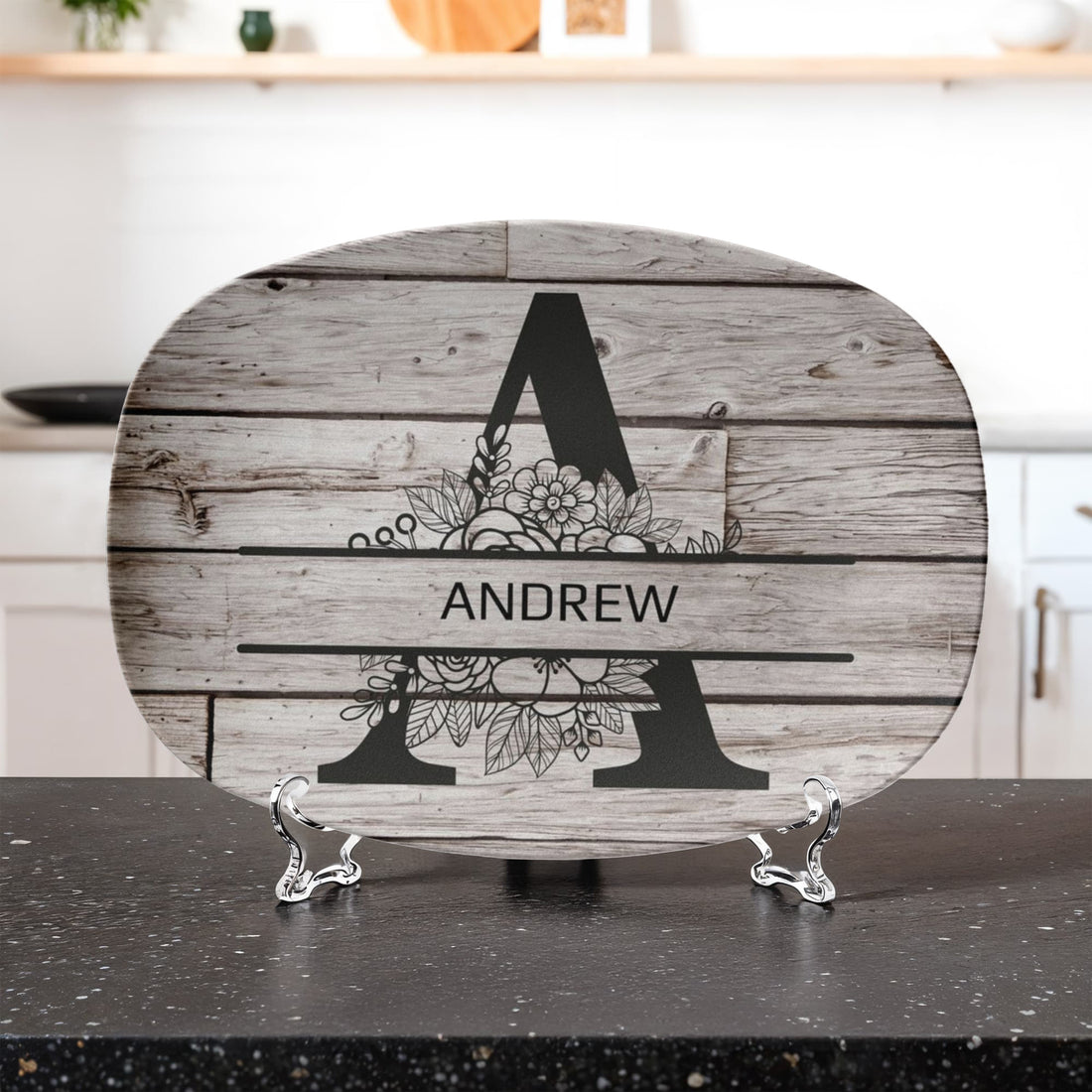 Personalized Father’s Day Platter – Custom Initial & Name Decorative Serving Tray (10x14”) – Wood Look Design Gift for Dad