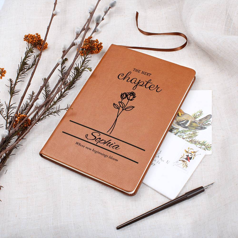 Personalized Graduation Leather Journal with Birth Flowers, Vegan Notebook Gift, Custom Name, Inspirational Quote