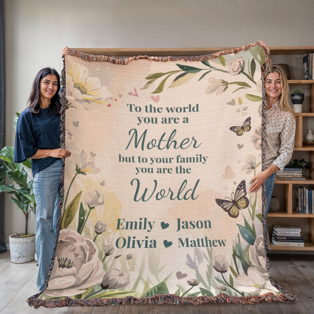 Personalized Mother’s Day Blanket – Custom Mom Gift with Kids Names – “You Are The World” Floral Throw
