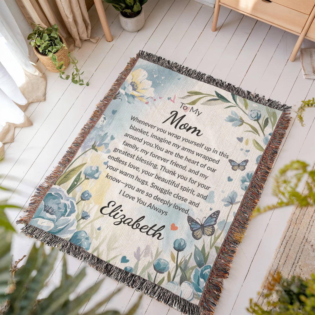 “To My Mom” Custom Name Blanket – Sentimental Gift from Daughter or Son – Floral Keepsake Throw