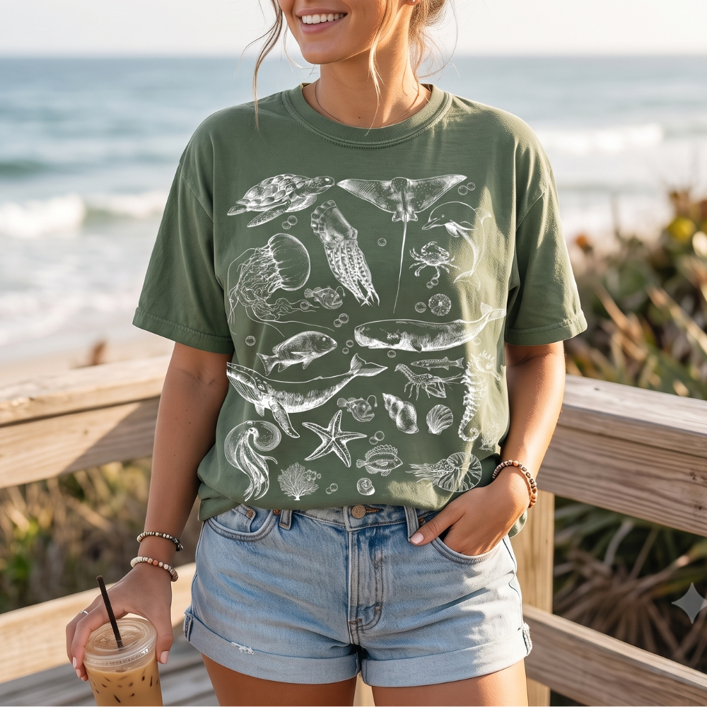 Vintage Ocean Life T-Shirt | Marine Biology Graphic Tee | Coastal Beach Nature Shirt | Whale & Sea Turtle Gift