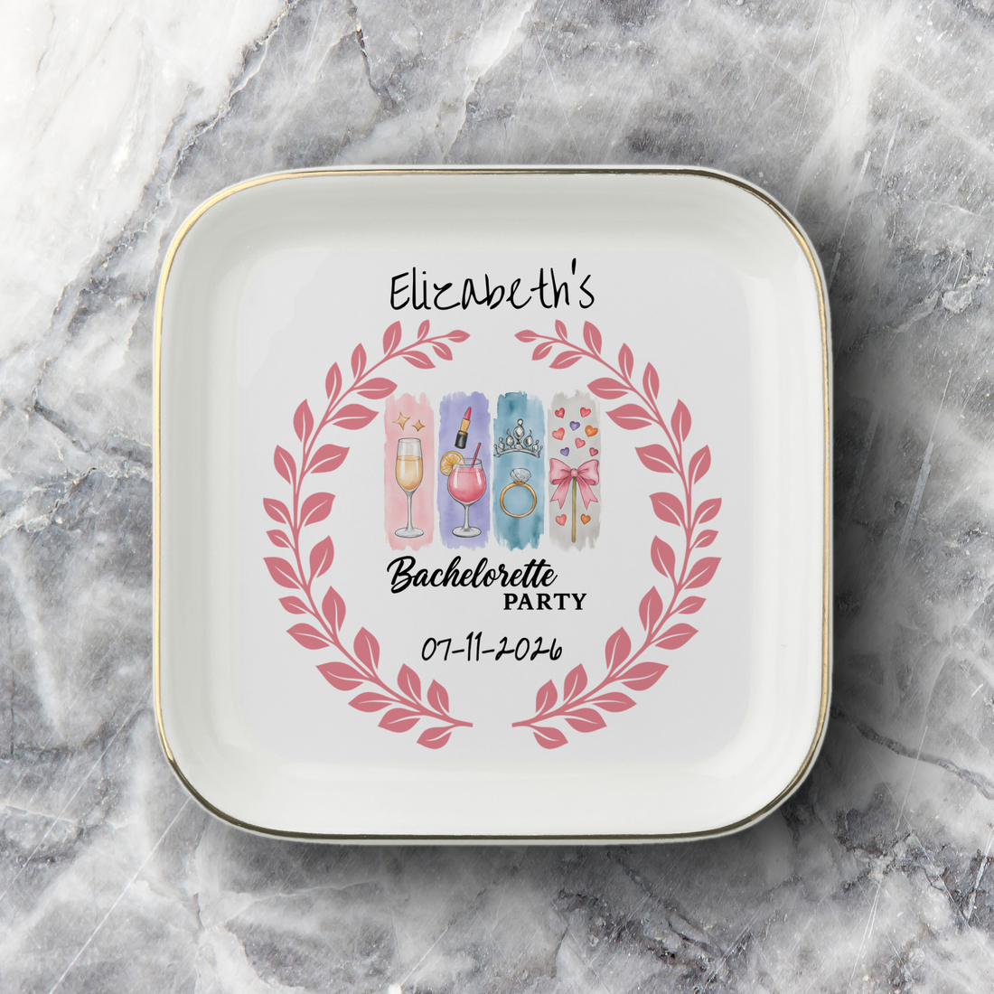 Personalized Bachelorette Party Jewelry Dish – Custom Name & Date Ring Dish