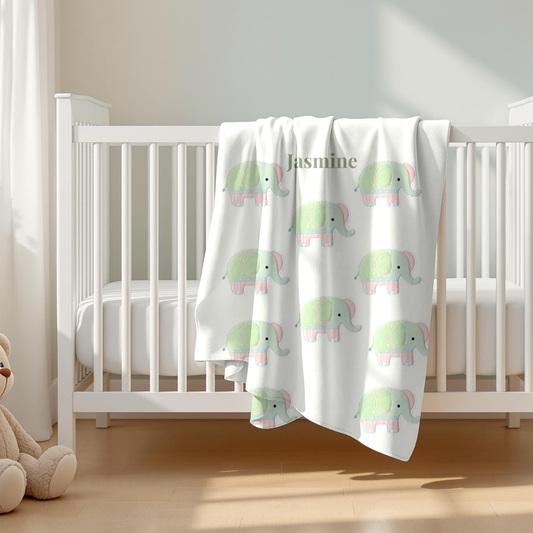 Personalized Elephant Baby Blanket, Custom Name Nursery Decor, Soft Velveteen Blanket, Baby Shower Gift, Cute Animal Theme, Infant Bedding