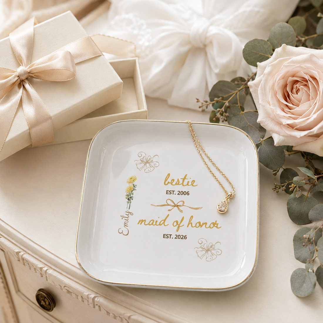 Personalized Maid of Honor Jewelry Dish – Custom Name & Date Bridal Party Gift