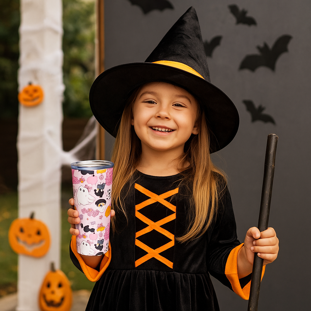 Halloween-Themed Cat and Ghost Stainless Steel Tumbler 20oz