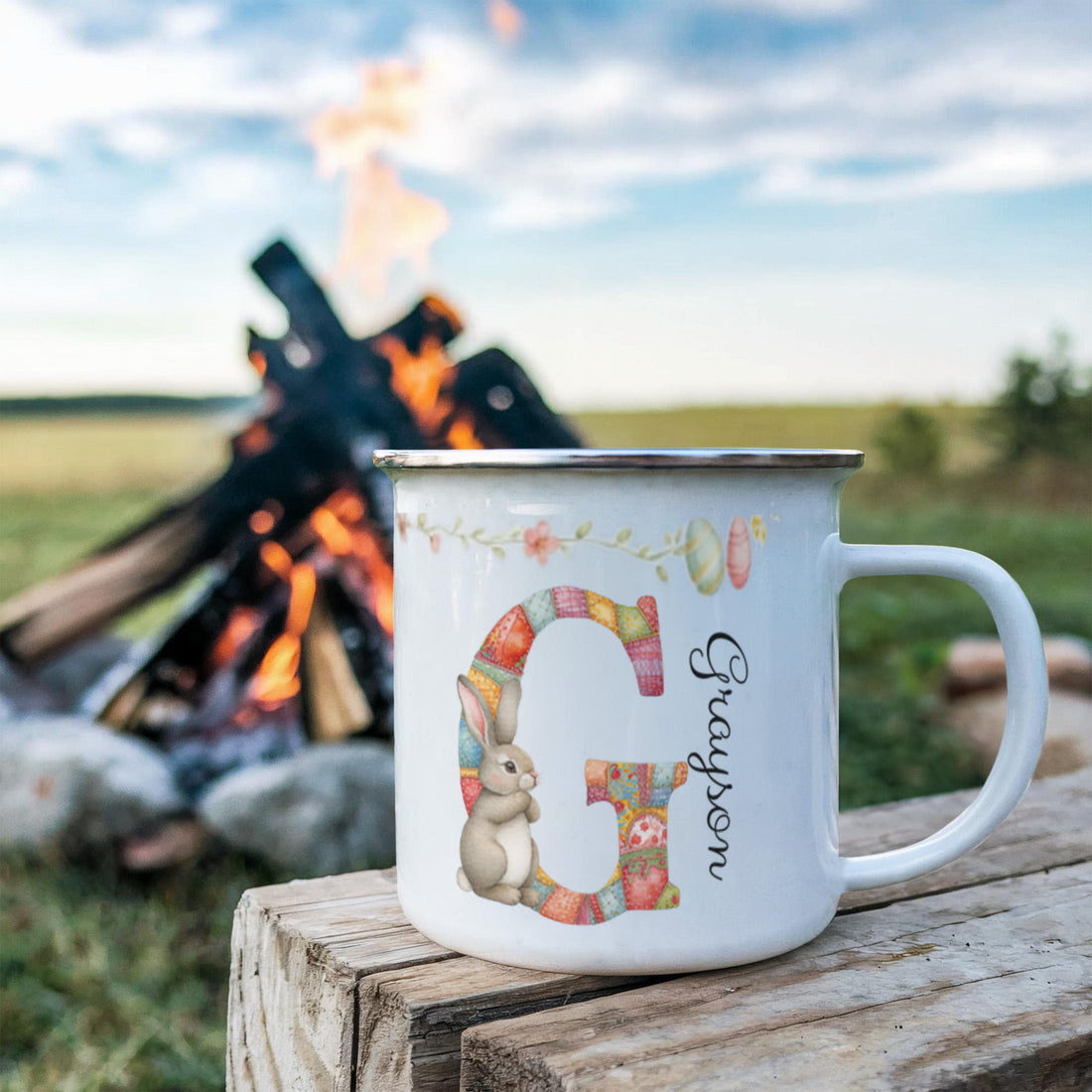 Personalized Cartoon Easter Bunny Initial 12 oz Enamel Mug with Name Easter Gift for Boys and Girls