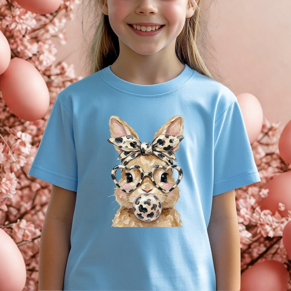 Cute Bunny Kids T-Shirt, Leopard Print Glasses Tee, Adorable Animal Graphic Top, Fun Clothes for Kids, Gift for Animal Lovers