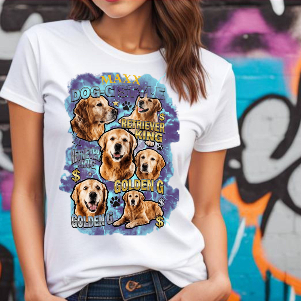 Custom Dog Portrait T-Shirt, Vintage Bootleg Pet Shirt, Personalized Pet Photo Tee, Retriever King Design