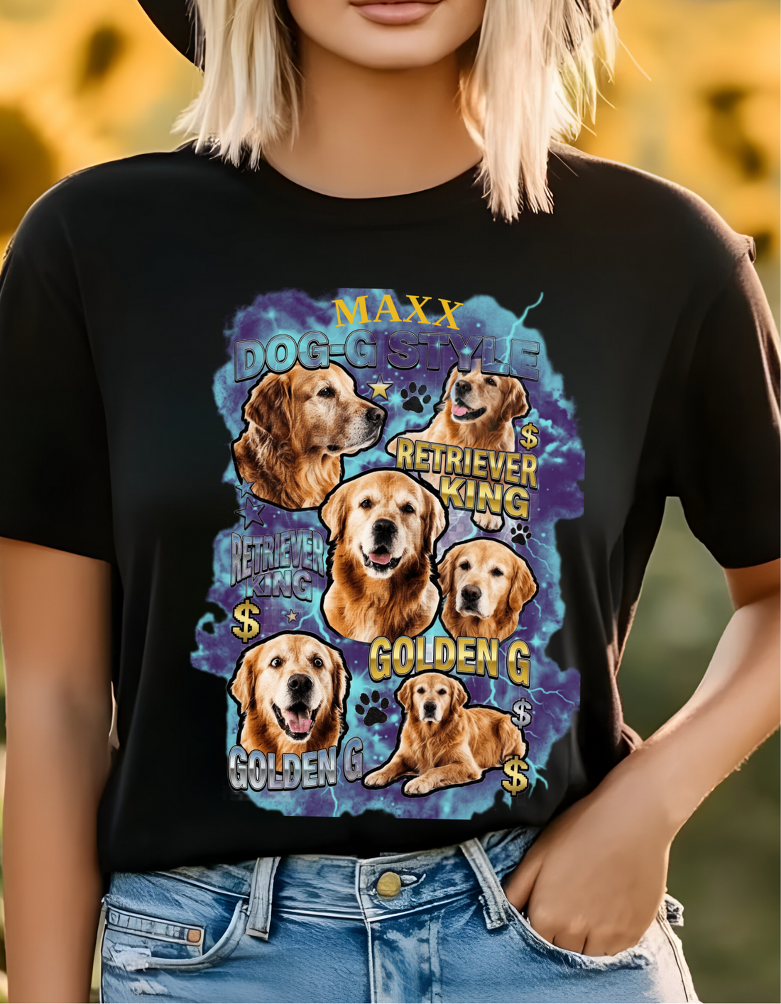 Custom Dog Portrait T-Shirt, Vintage Bootleg Pet Shirt, Personalized Pet Photo Tee, Retriever King Design