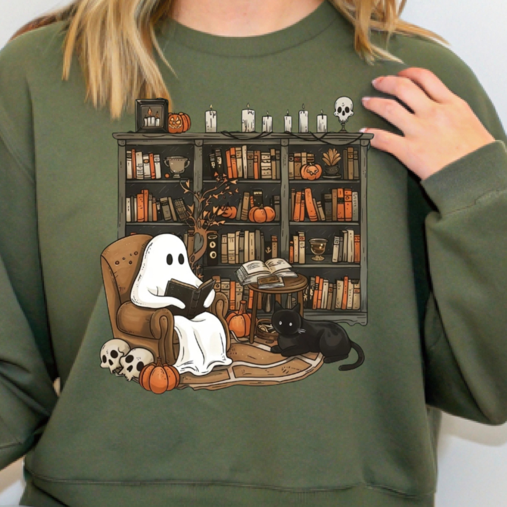 Retro Ghost Reading Books Sweatshirt, Librarian, Teacher Ghost Halloween