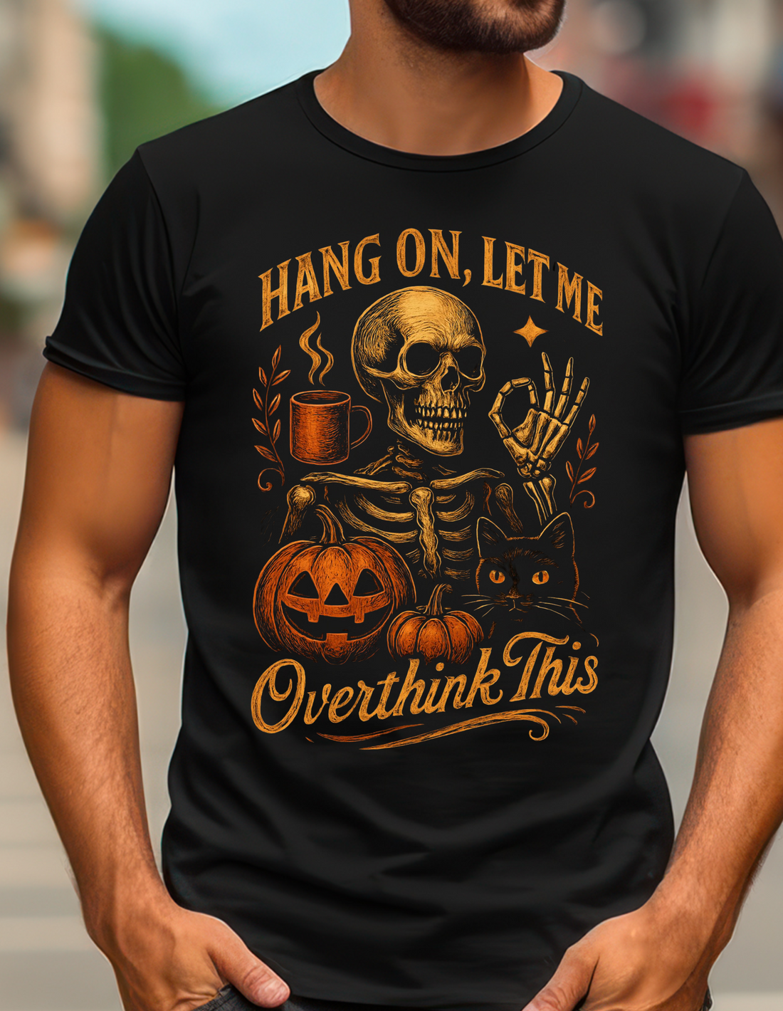 Halloween Skeleton and Cat "Overthink This" Tee
