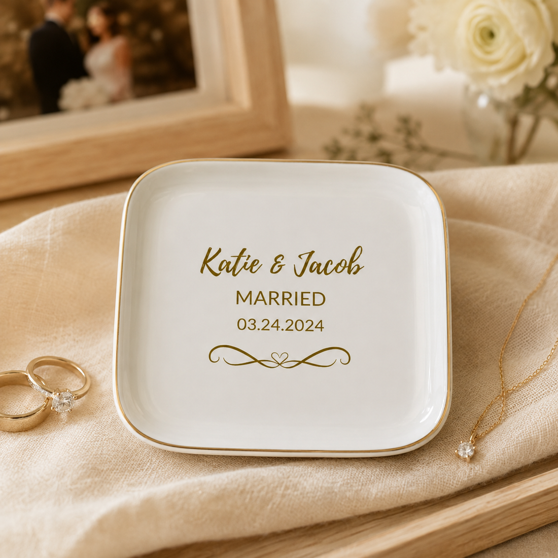 Personalized Married- Engaged Jewelry Dish – Custom Couple Ring Holder With Names and Wedding Date