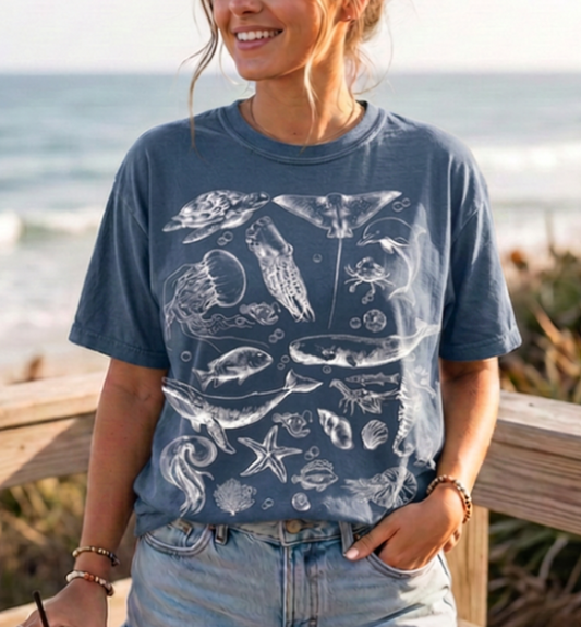 Vintage Ocean Life T-Shirt | Marine Biology Graphic Tee | Coastal Beach Nature Shirt | Whale & Sea Turtle Gift