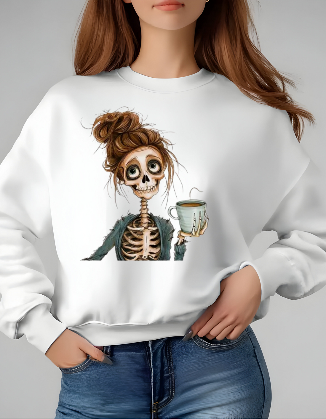 Funny Skull Girl Print Halloween Skeleton Coffee Sweatshirt