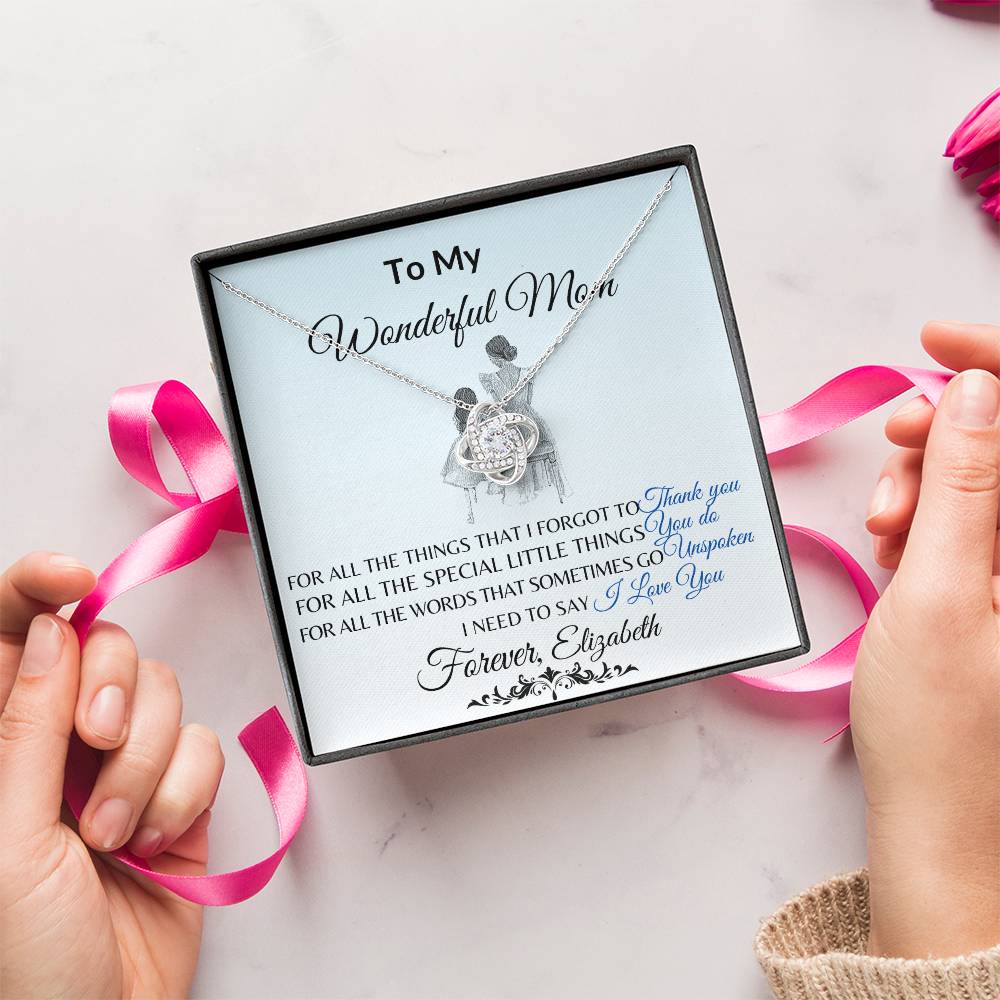 To My Wonderful Mom Necklace – Love Knot Message Card Gift | Elegant Crystal Pendant for Mother’s Day, Birthday or Just Because