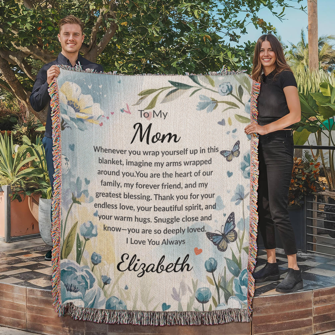 “To My Mom” Custom Name Blanket – Sentimental Gift from Daughter or Son – Floral Keepsake Throw
