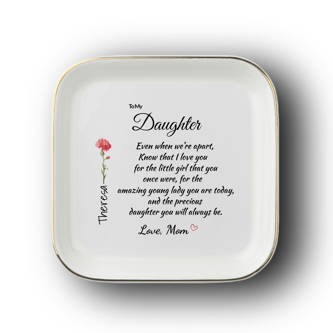 Personalized Birth Flower Jewelry Dish for Daughter from Mom – Custom Name Ring Dish