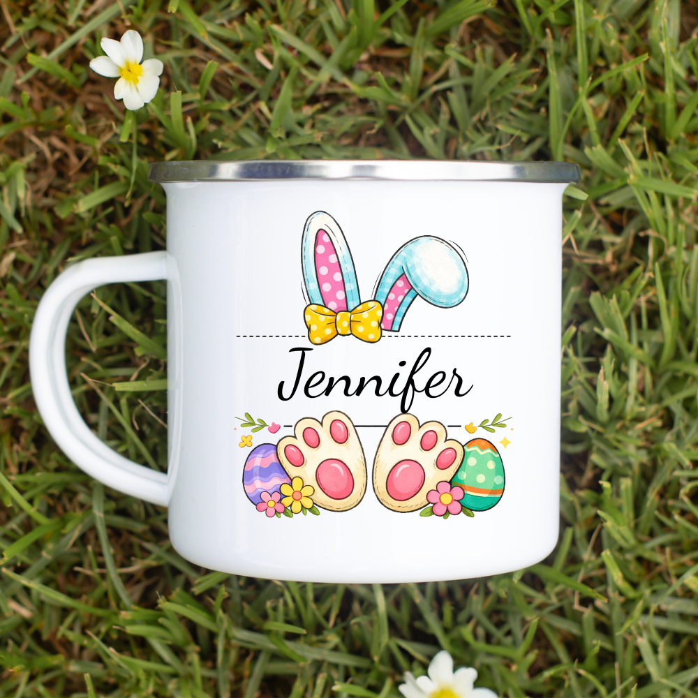 Personalized Easter Mug, Enamel Camp Mug, Custom Name Gift, Cute Easter Gift, Easter Egg Design