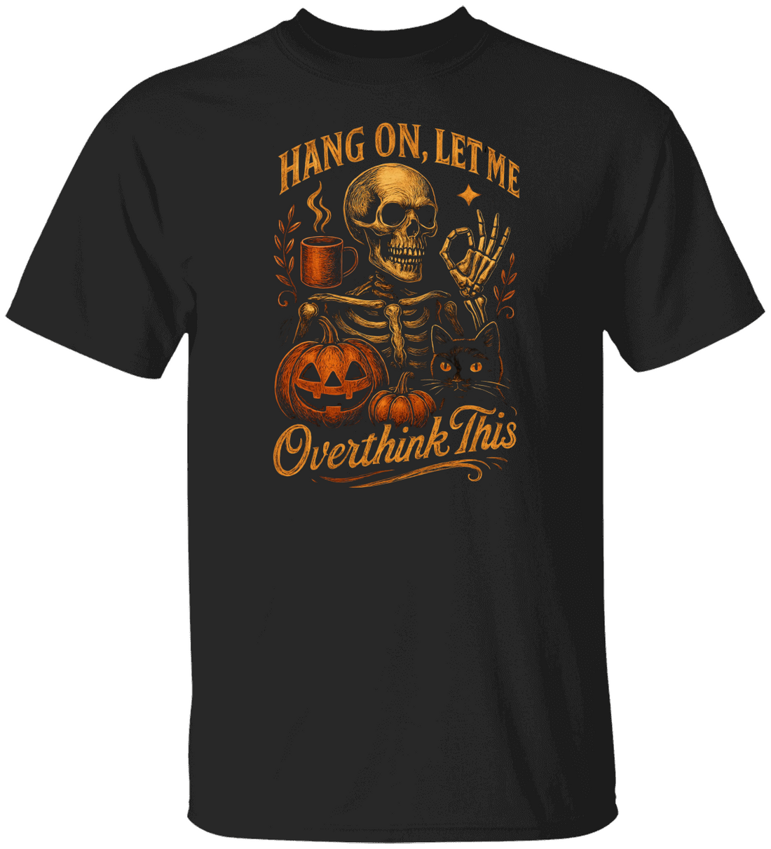 Halloween Skeleton and Cat "Overthink This" Tee