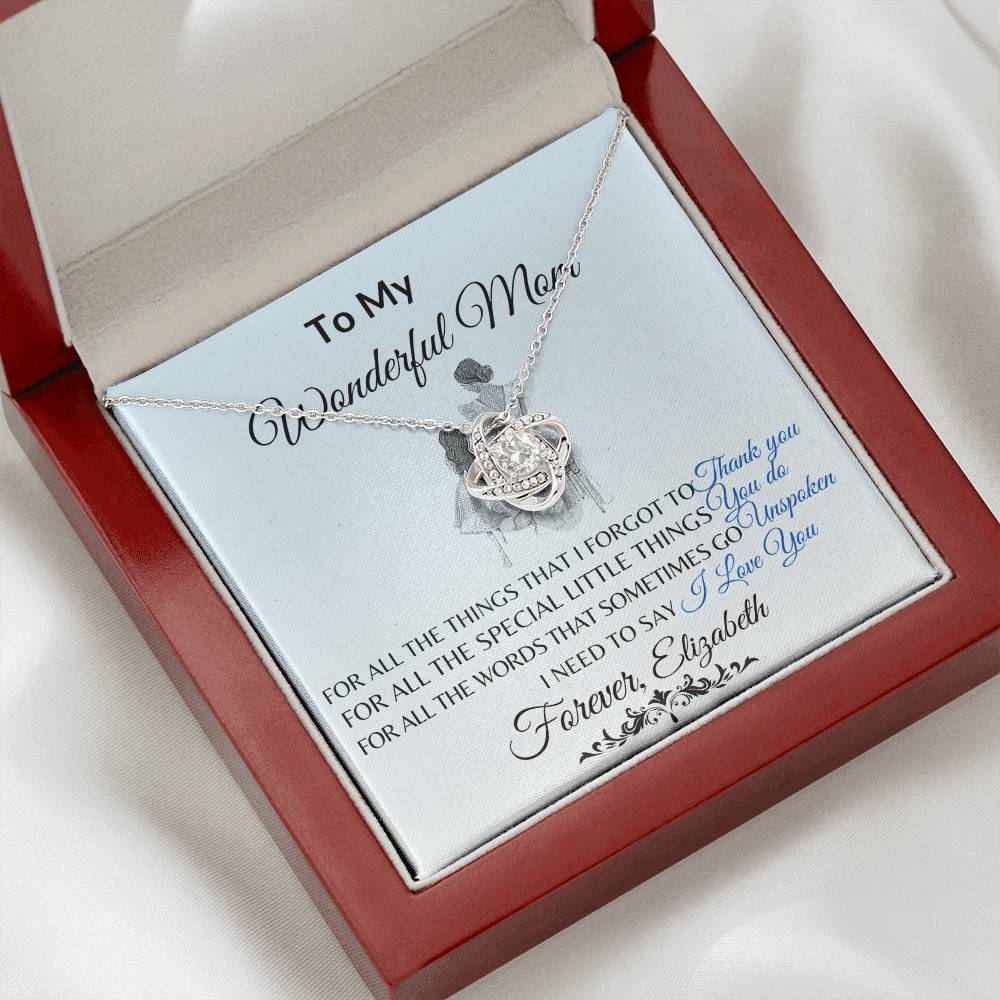 To My Wonderful Mom Necklace – Love Knot Message Card Gift | Elegant Crystal Pendant for Mother’s Day, Birthday or Just Because