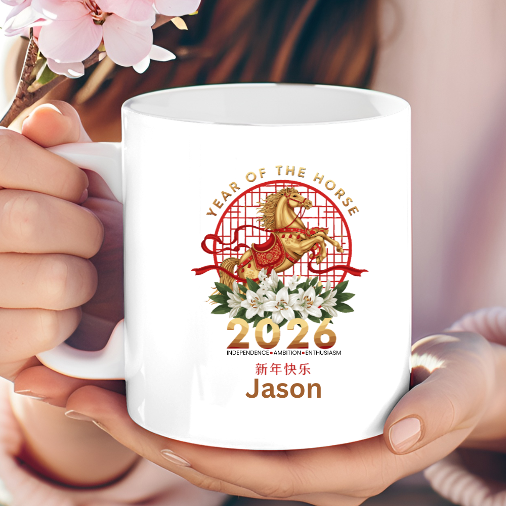 2026 Year of the Horse Mug – Personalize Name -Happy Lunar New Year Zodiac Coffee Cup