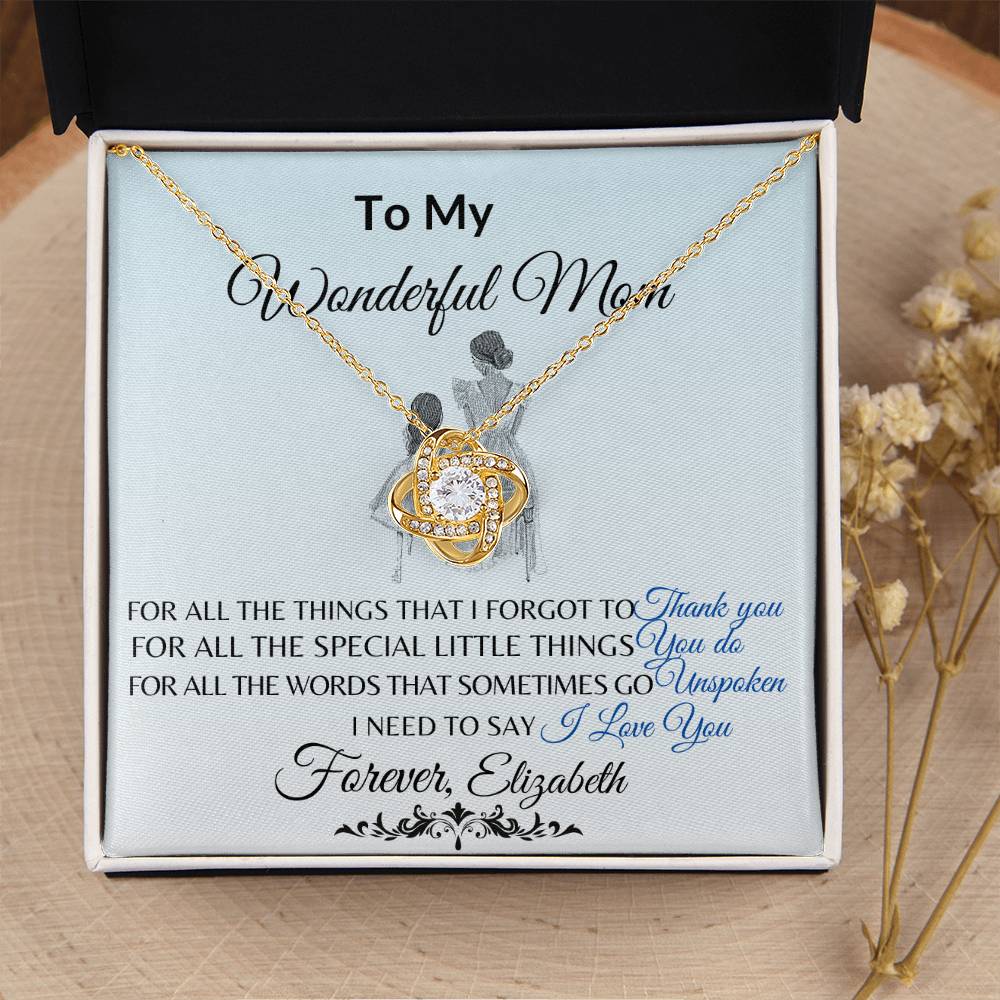 To My Wonderful Mom Necklace – Love Knot Message Card Gift | Elegant Crystal Pendant for Mother’s Day, Birthday or Just Because