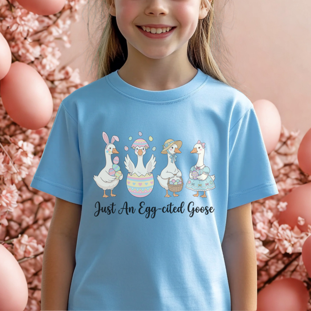 Kids Easter Goose Shirt, Cute Goose Easter Design, Fun Egg Pattern Tee, Youth Spring Outfit, Easter Egg Hunt Shirt, Kids Cartoon Tee
