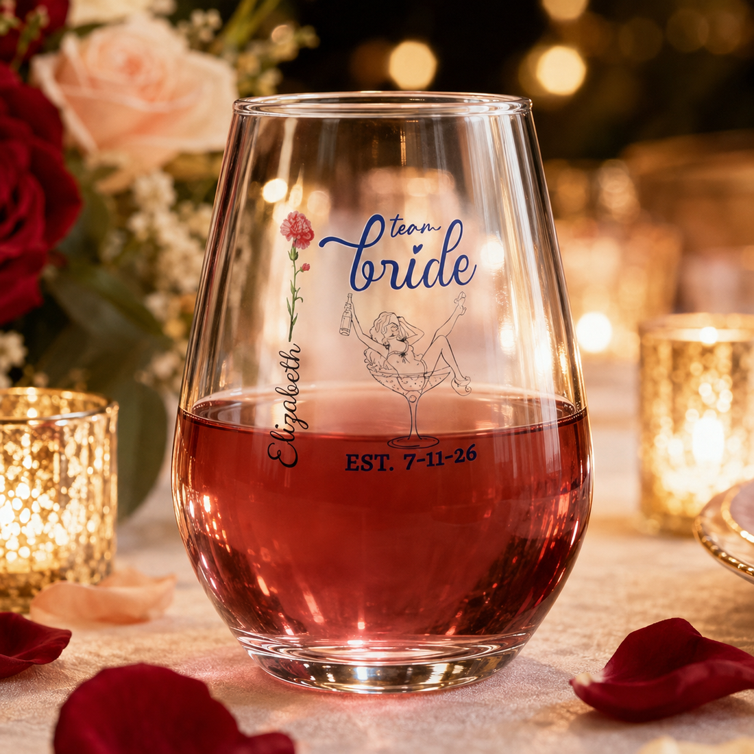 Personalized Birth Flower Team Bride Stemless Wine Glass – Custom Name & Wedding Date Stemless Wine Glass, 11.75oz