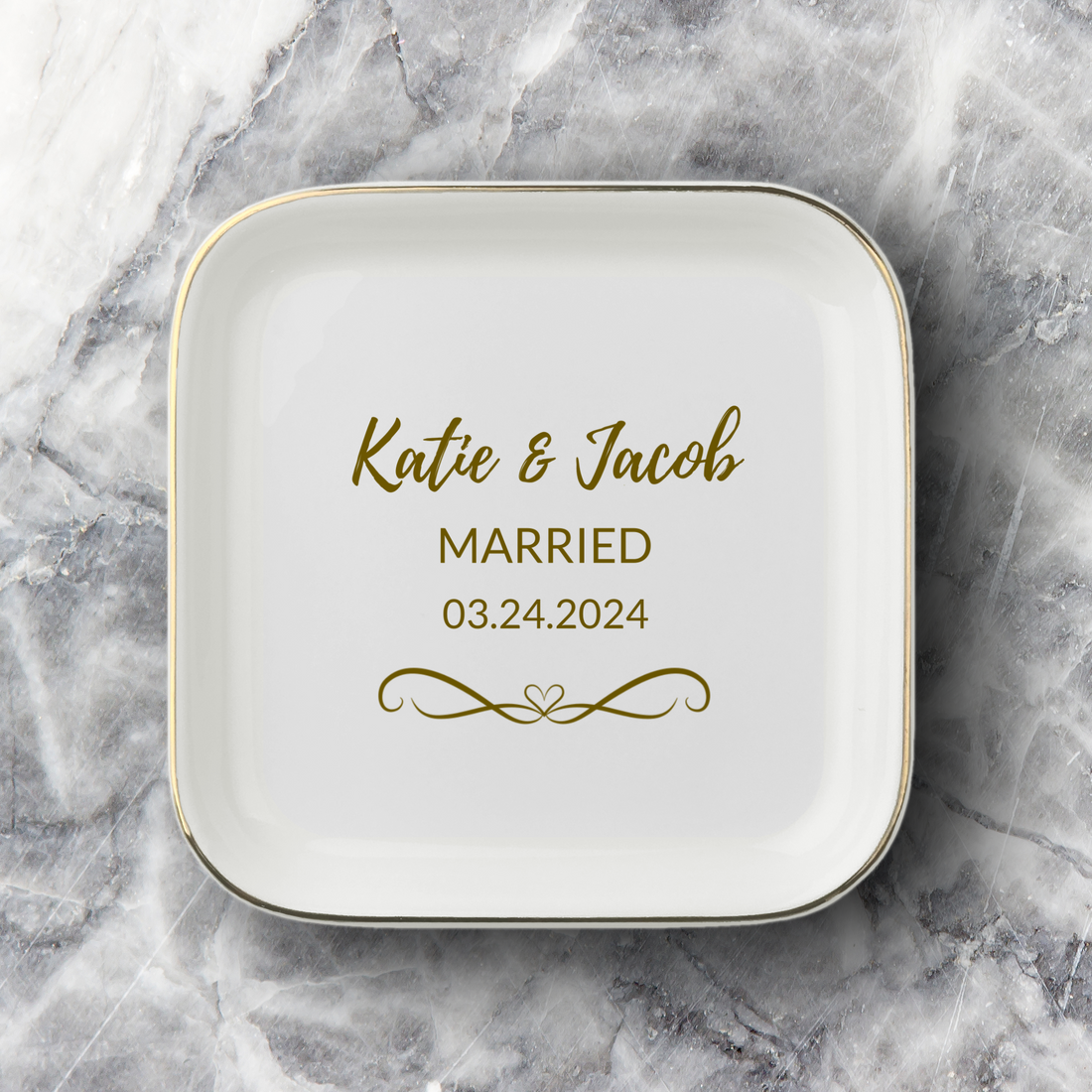 Personalized Married- Engaged Jewelry Dish – Custom Couple Ring Holder With Names and Wedding Date