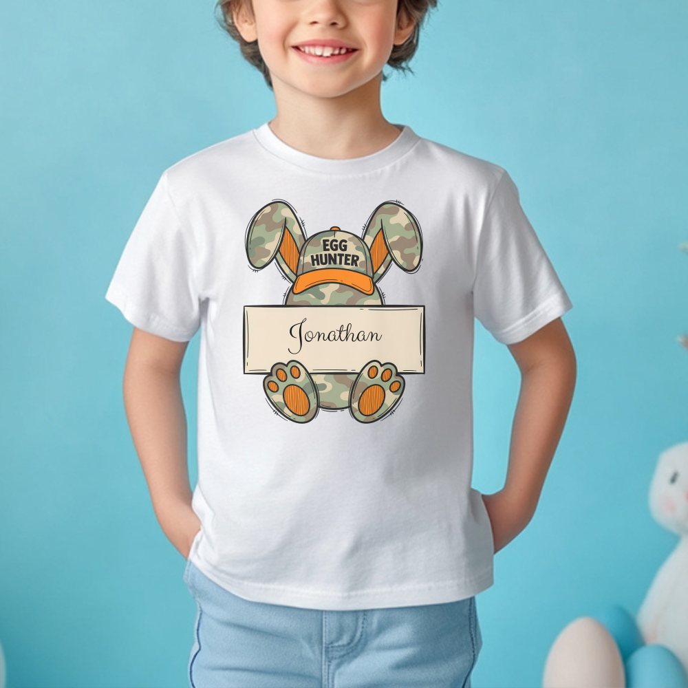 Personalized Easter Kids T-Shirt, Egg Hunter Bunny Shirt, Custom Name Toddler Tee, Easter Gift, Camouflage Bunny Ears