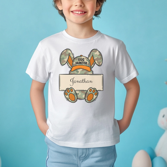 Personalized Easter Kids T-Shirt, Egg Hunter Bunny Shirt, Custom Name Toddler Tee, Easter Gift, Camouflage Bunny Ears