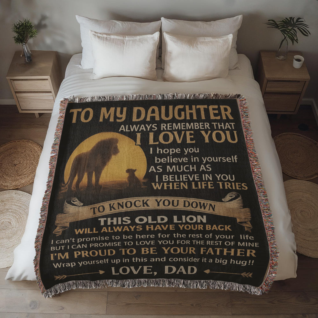 Custom Lion Theme Blanket, Personalized Woven Keepsake, Unique Gift for Daughter, Sentimental Home Decor, Dad's Love Message