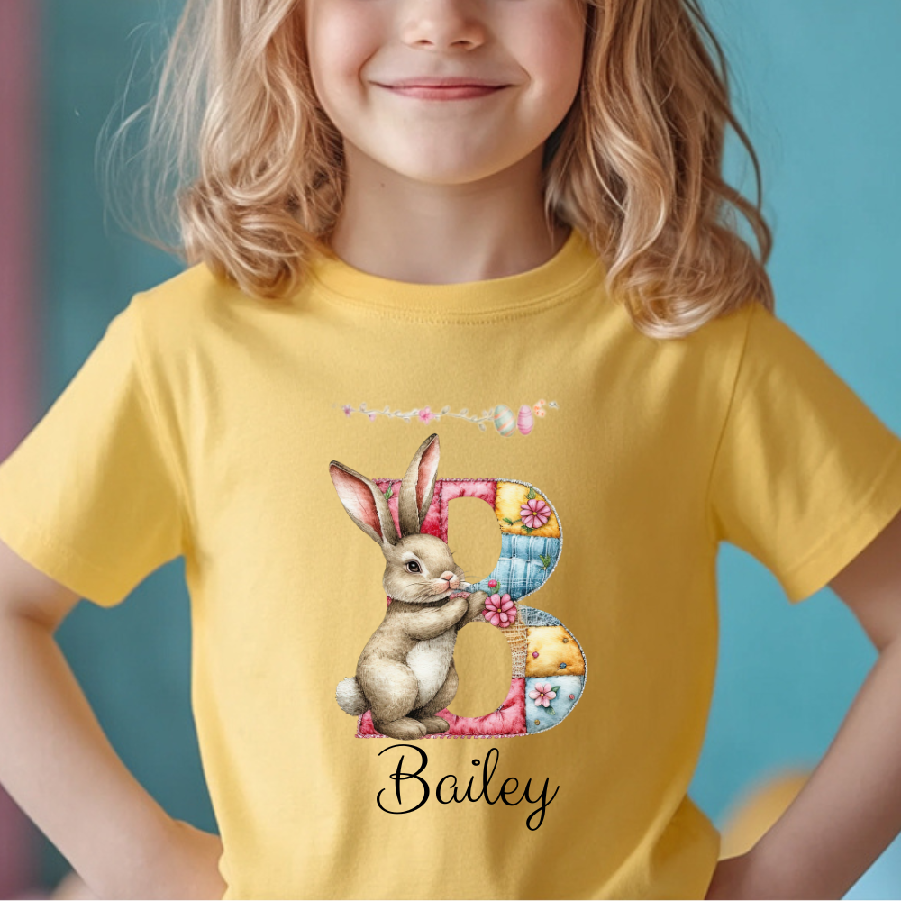 Personalized Easter Bunny Kids Shirt – Custom Name Bunny T-Shirt – Patchwork Monogram Easter Shirt – Cute Spring Bunny Tee