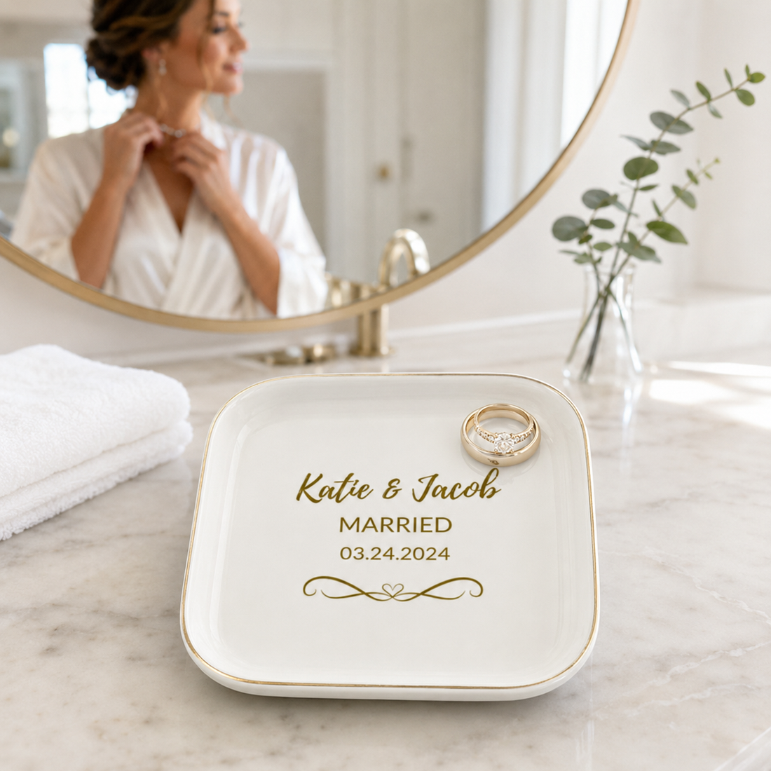 Personalized Married- Engaged Jewelry Dish – Custom Couple Ring Holder With Names and Wedding Date
