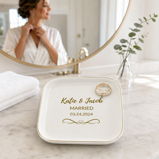 Personalized Married- Engaged Jewelry Dish – Custom Couple Ring Holder With Names and Wedding Date