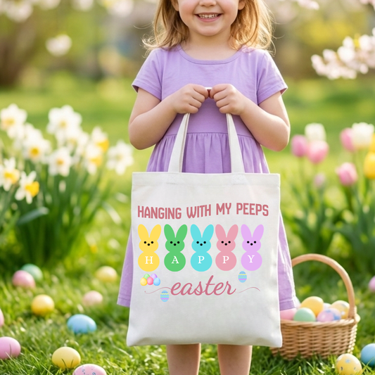 Easter Tote Bag, Hanging with My Peeps Print, Cute Bunny Design, Spring Gift Tote, Colorful Handle Options, Easter Egg Hunt Bag