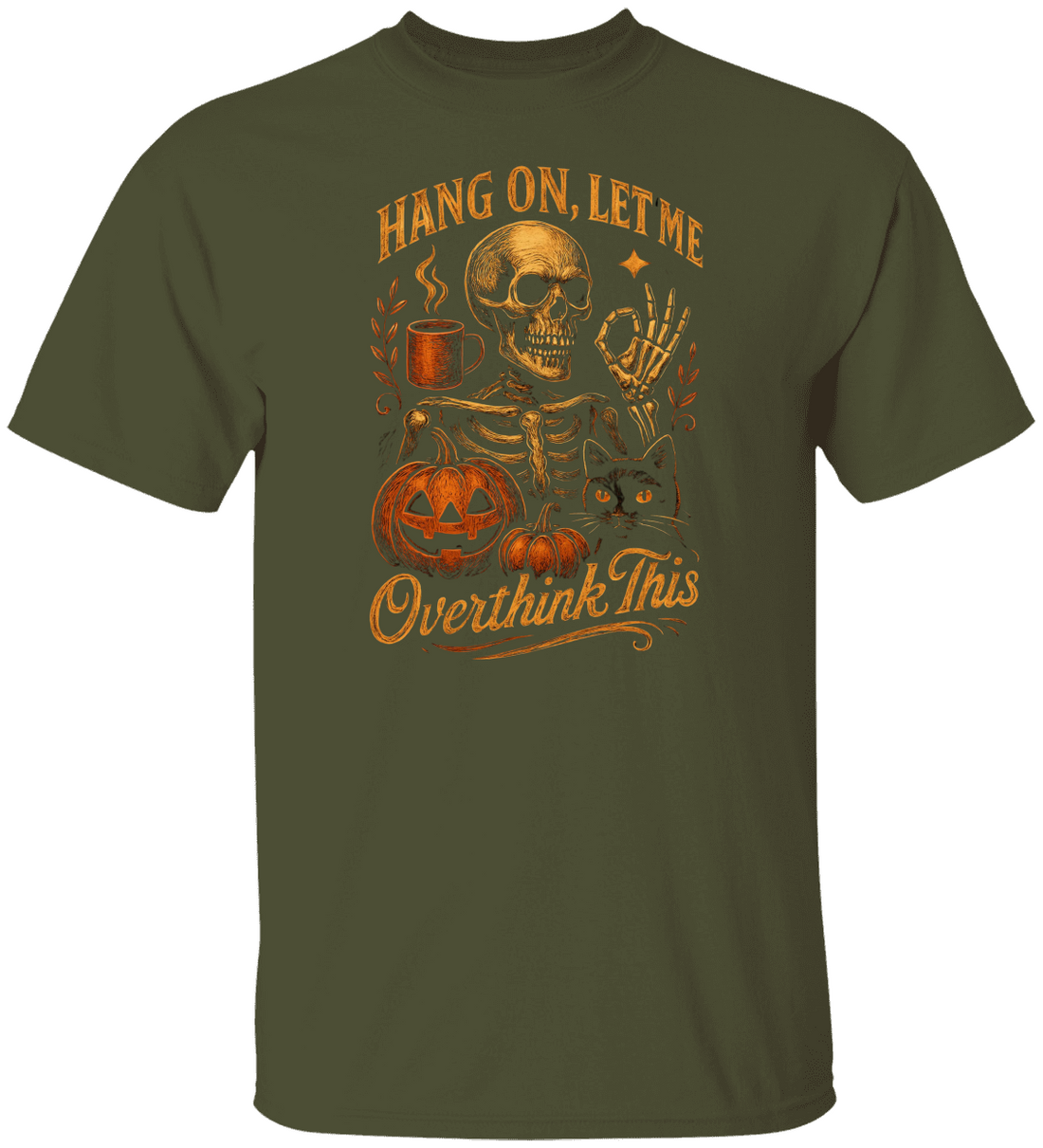 Halloween Skeleton and Cat "Overthink This" Tee