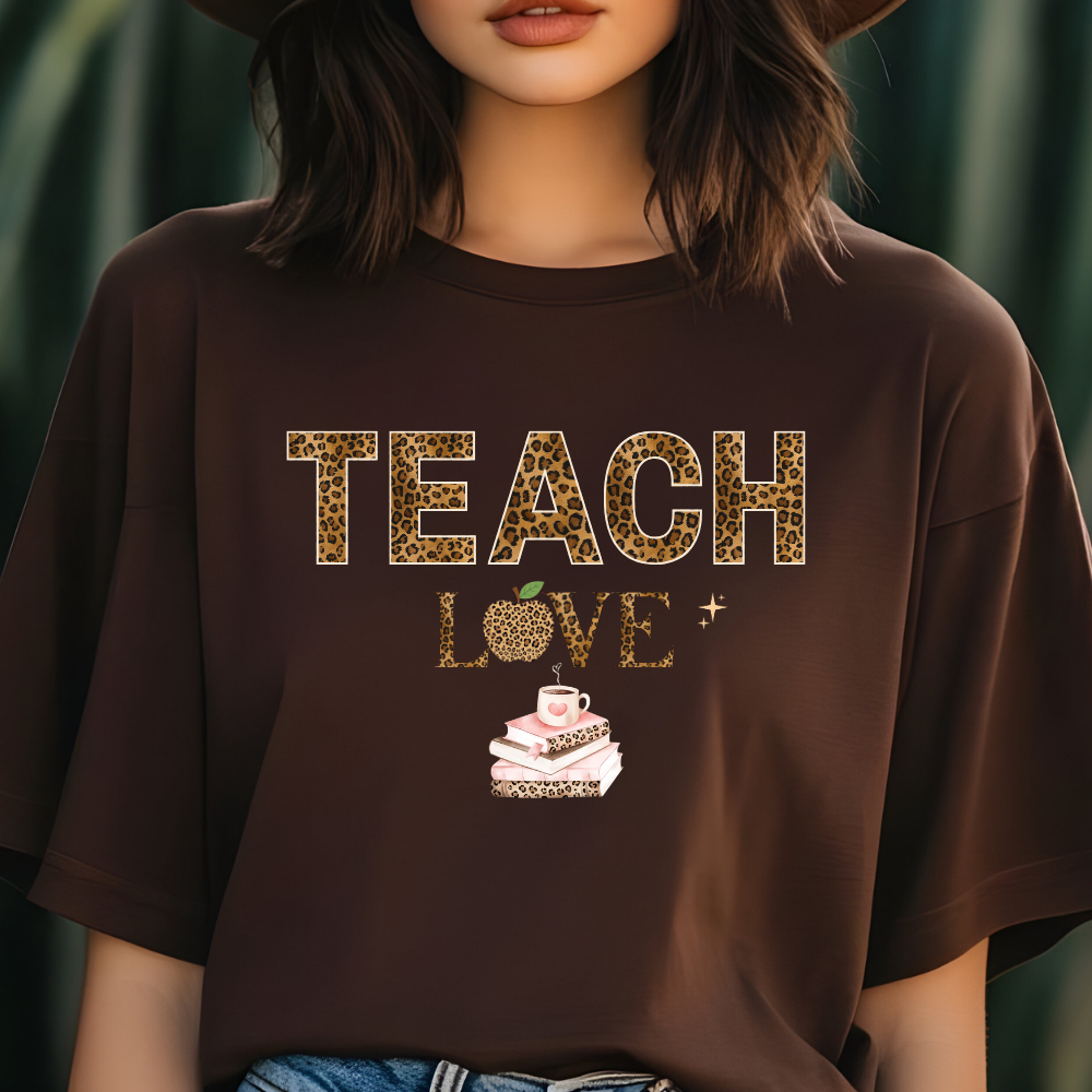 Teach Love Leopard Print Teacher Shirt – Cute Teacher Appreciation T-Shirt, Classroom Gift for Teachers, Back to School Teacher Tee