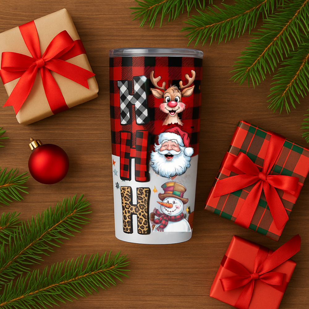 HO HO HO Christmas Tumbler 20oz • Cute Santa Reindeer Snowman Cup • Holiday Coffee Cup • Christmas Gift for Her • Buffalo Plaid Tumbler, Festive Drinkware