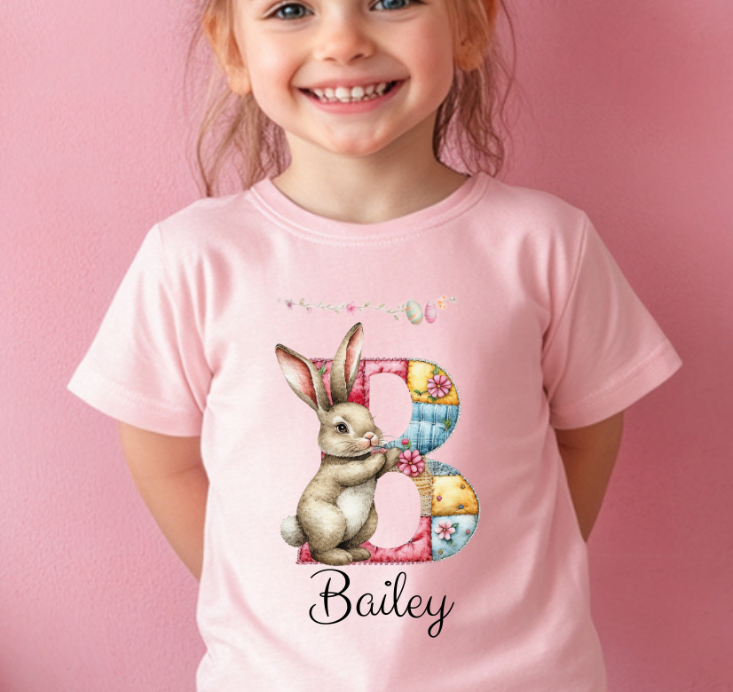 Personalized Easter Bunny Kids Shirt – Custom Name Bunny T-Shirt – Patchwork Monogram Easter Shirt – Cute Spring Bunny Tee