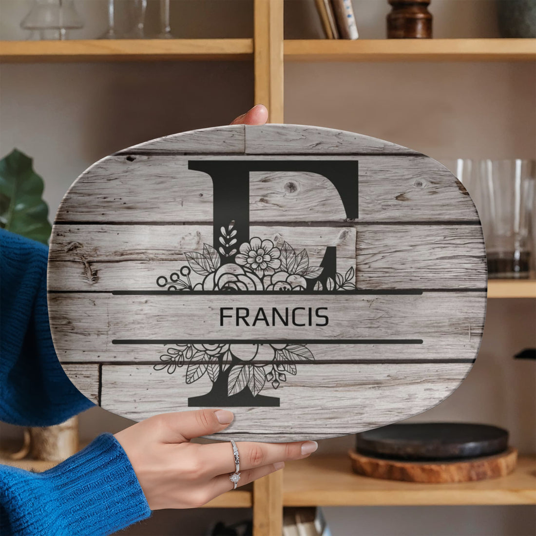 Personalized Father’s Day Platter – Custom Initial & Name Decorative Serving Tray (10x14”) – Wood Look Design Gift for Dad
