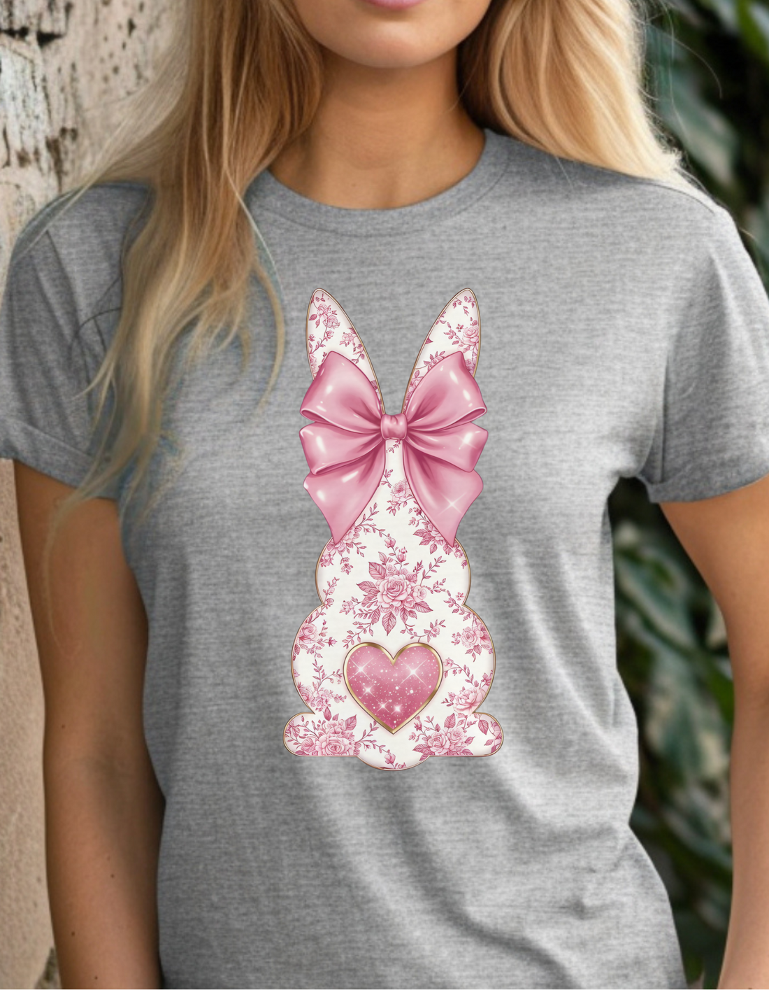 Floral Bunny Graphic Tee, Pink Bow Heart Design, Women's Cute Easter Shirt, Gildan 5000 Cotton, Spring Fashion Outfit, Gift for Her