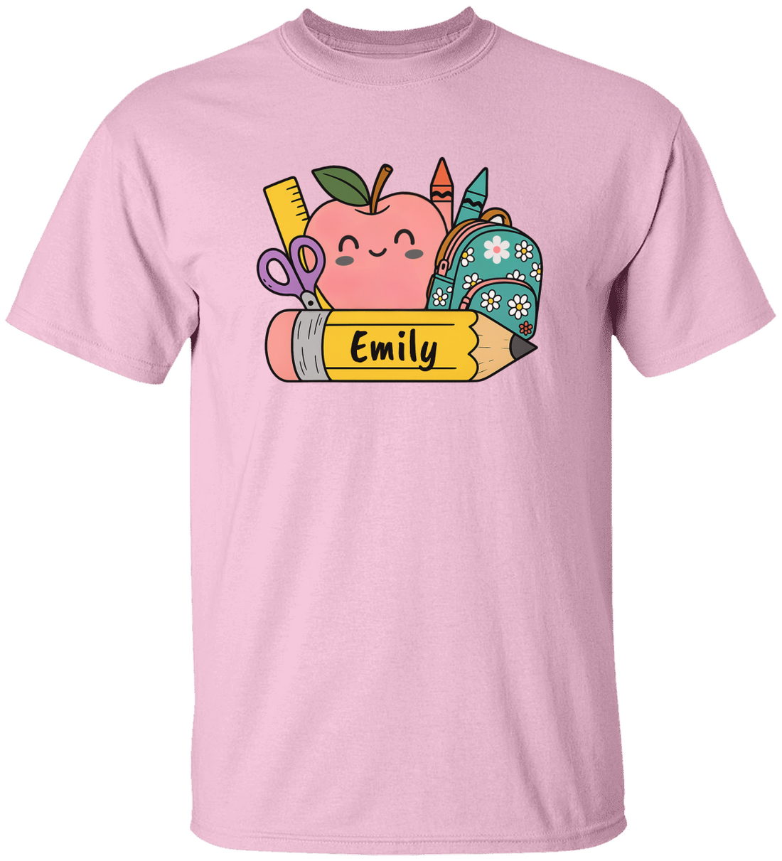 Personalized Kids Cotton Tee with School Supplies Design