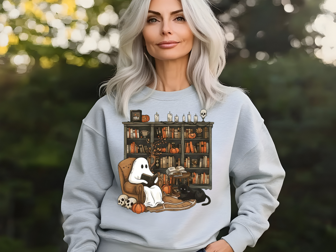 Retro Ghost Reading Books Sweatshirt, Librarian, Teacher Ghost Halloween