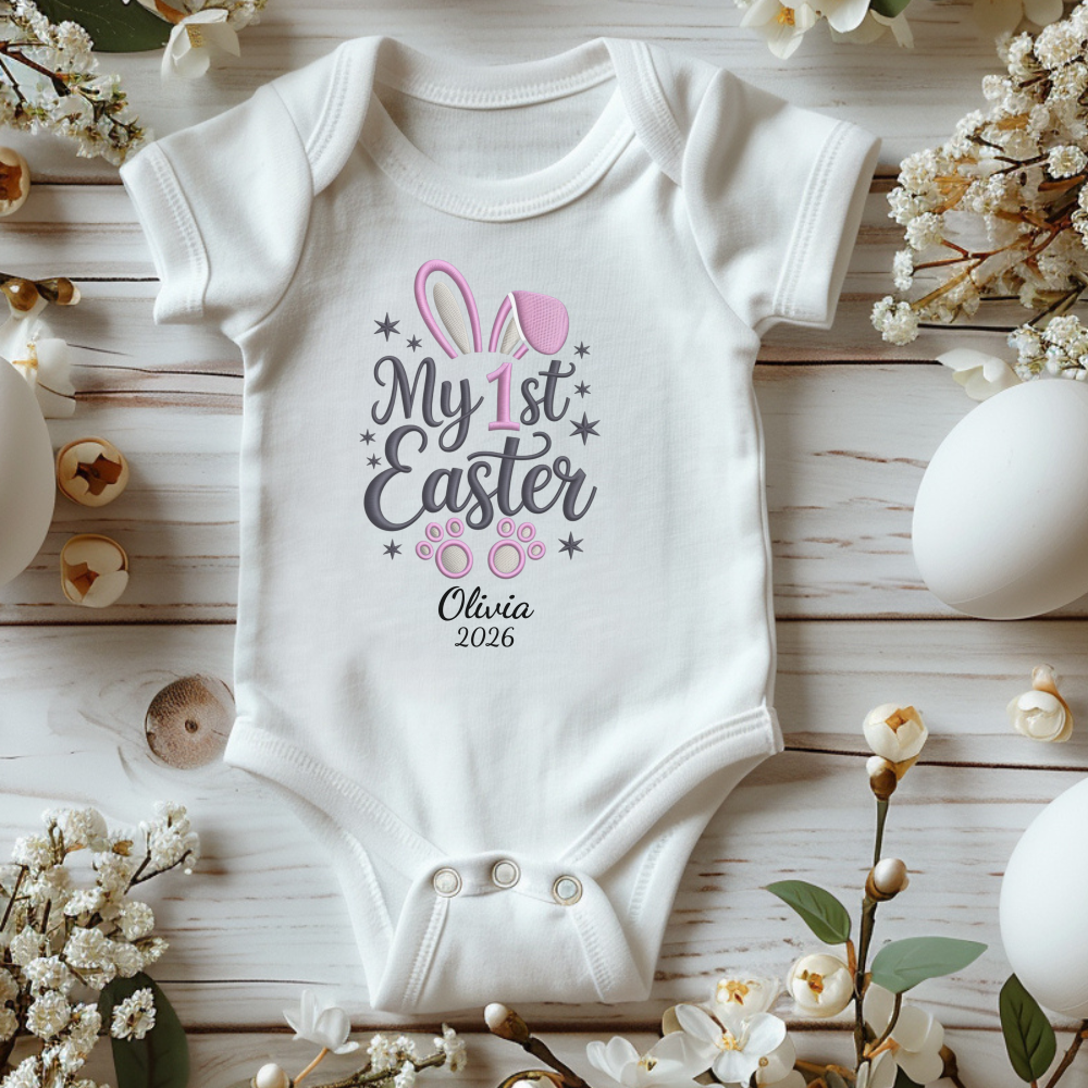 My 1st Easter Baby Bodysuit, Personalized Rabbit Design, Custom Name Date Infant Onesie