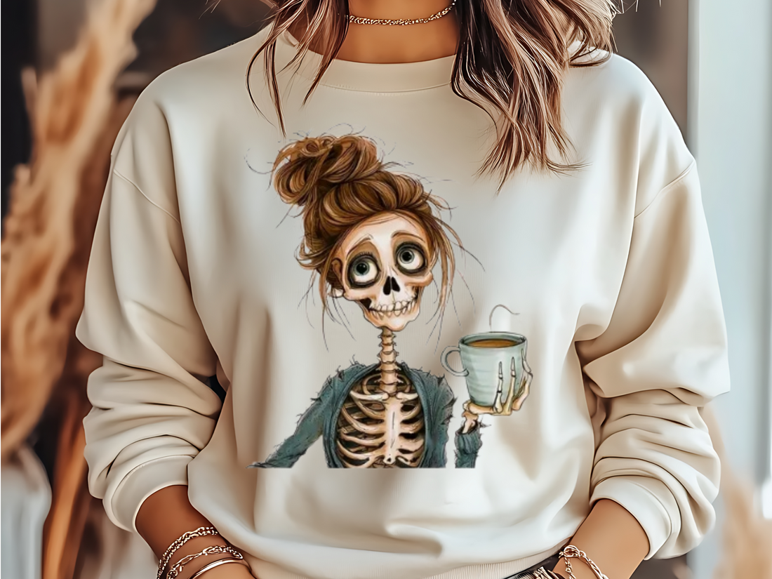 Funny Skull Girl Print Halloween Skeleton Coffee Sweatshirt