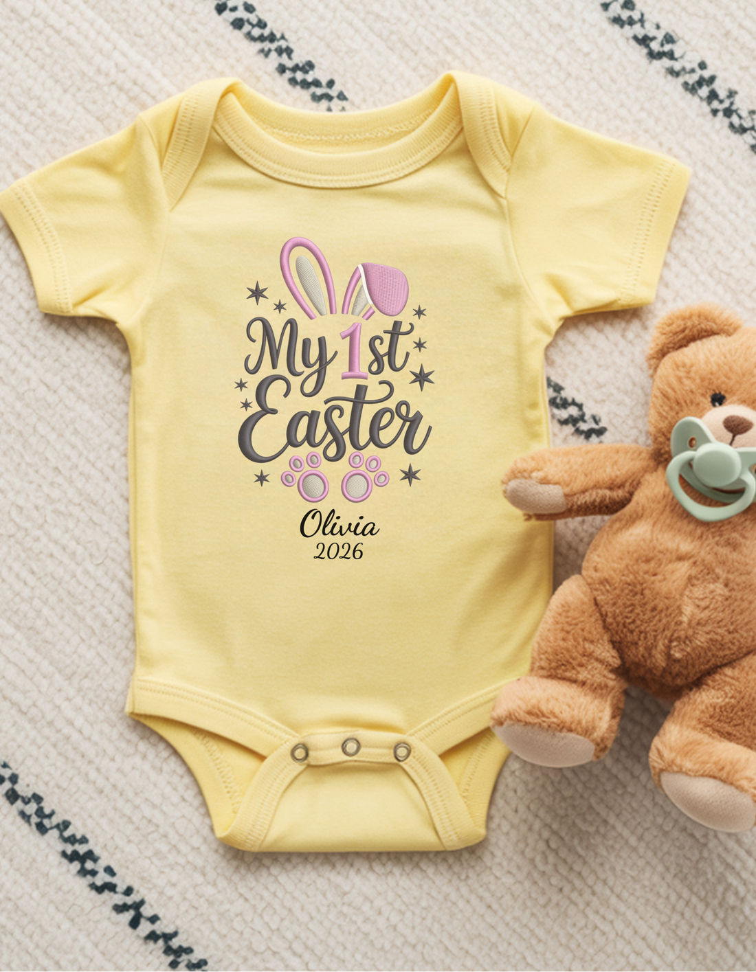 My 1st Easter Baby Bodysuit, Personalized Rabbit Design, Custom Name Date Infant Onesie