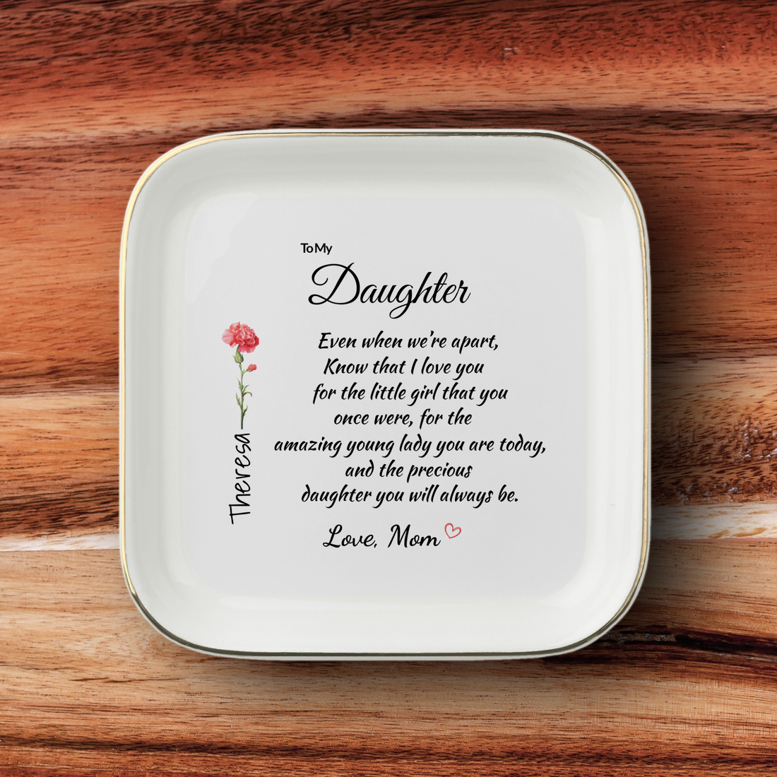 Personalized Birth Flower Jewelry Dish for Daughter from Mom – Custom Name Ring Dish