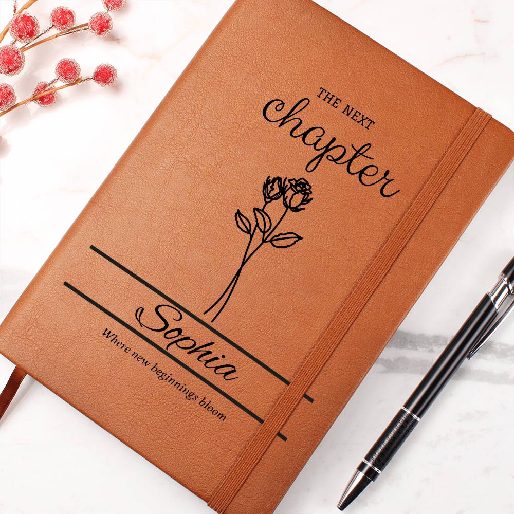 Personalized Graduation Leather Journal with Birth Flowers, Vegan Notebook Gift, Custom Name, Inspirational Quote